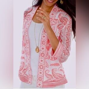 Chico's Open Front, Mixed Pattern, Topper in Soft Coral/White, EUC, Sz. 0 (S)